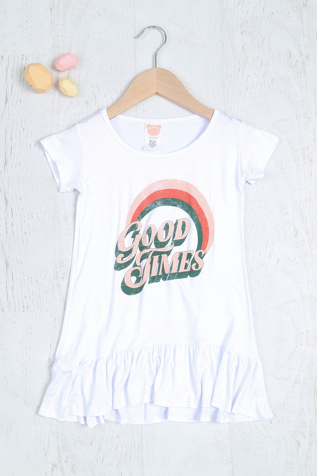 WHITE "GOOD TIMES" PRINT RUFFLE HEM KIDS DRESS