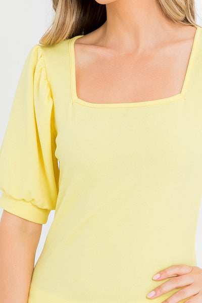 YELLOW SQUARE NECK CUFFED RUFFLE SLEEVE TOP