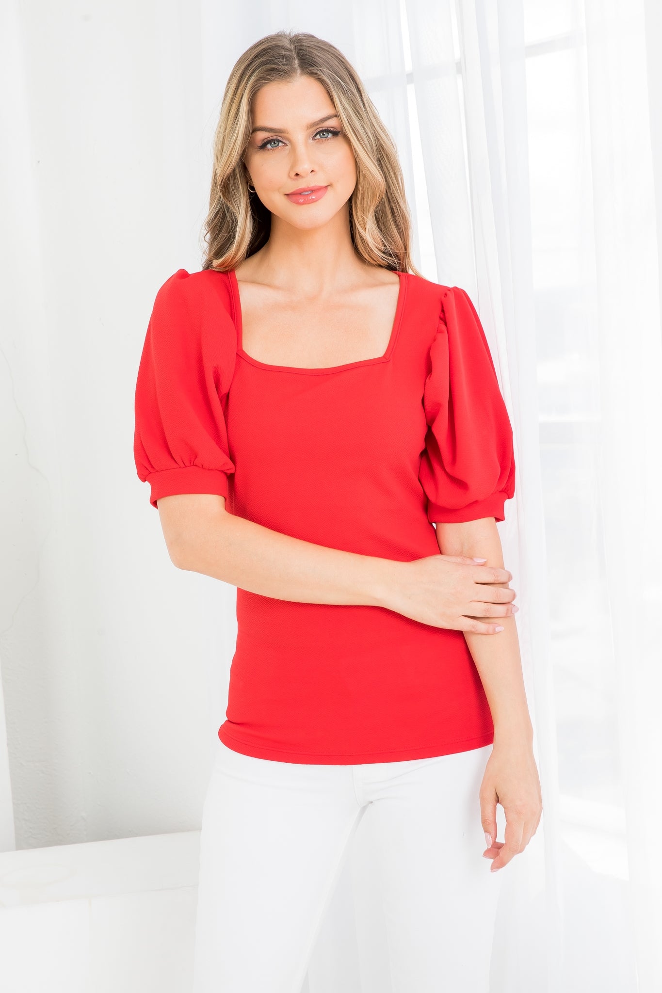 CORAL SQUARE NECK CUFFED RUFFLE SLEEVE TOP