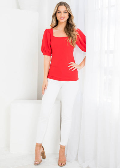CORAL SQUARE NECK CUFFED RUFFLE SLEEVE TOP