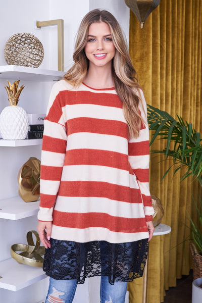 RUST STRIPES ROUND NECK FLORAL LACE HEM LONG SLEEVE TOP