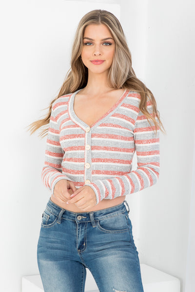RED GRAY STRIPES V-NECKLINE BUTTON DOWN LONG SLEEVE CROP TOP