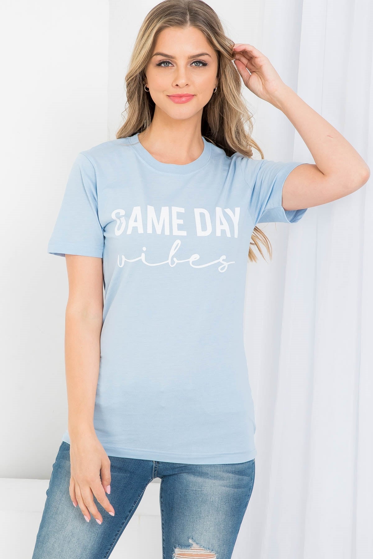 BABY BLUE "GAME DAY VIBES" GRAPHIC TEE TOP (NOW $4.00 ONLY!)