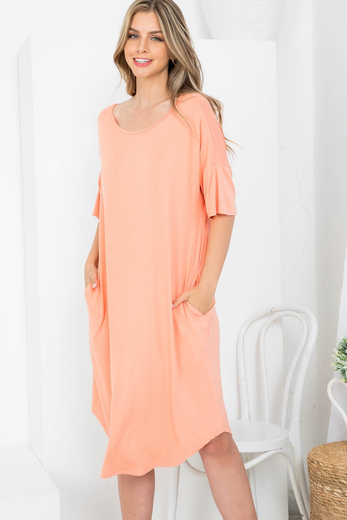 SALMON SCOOPED NECKLINE WITH SIDE POCKET SHIRT DRESS 2-2-2