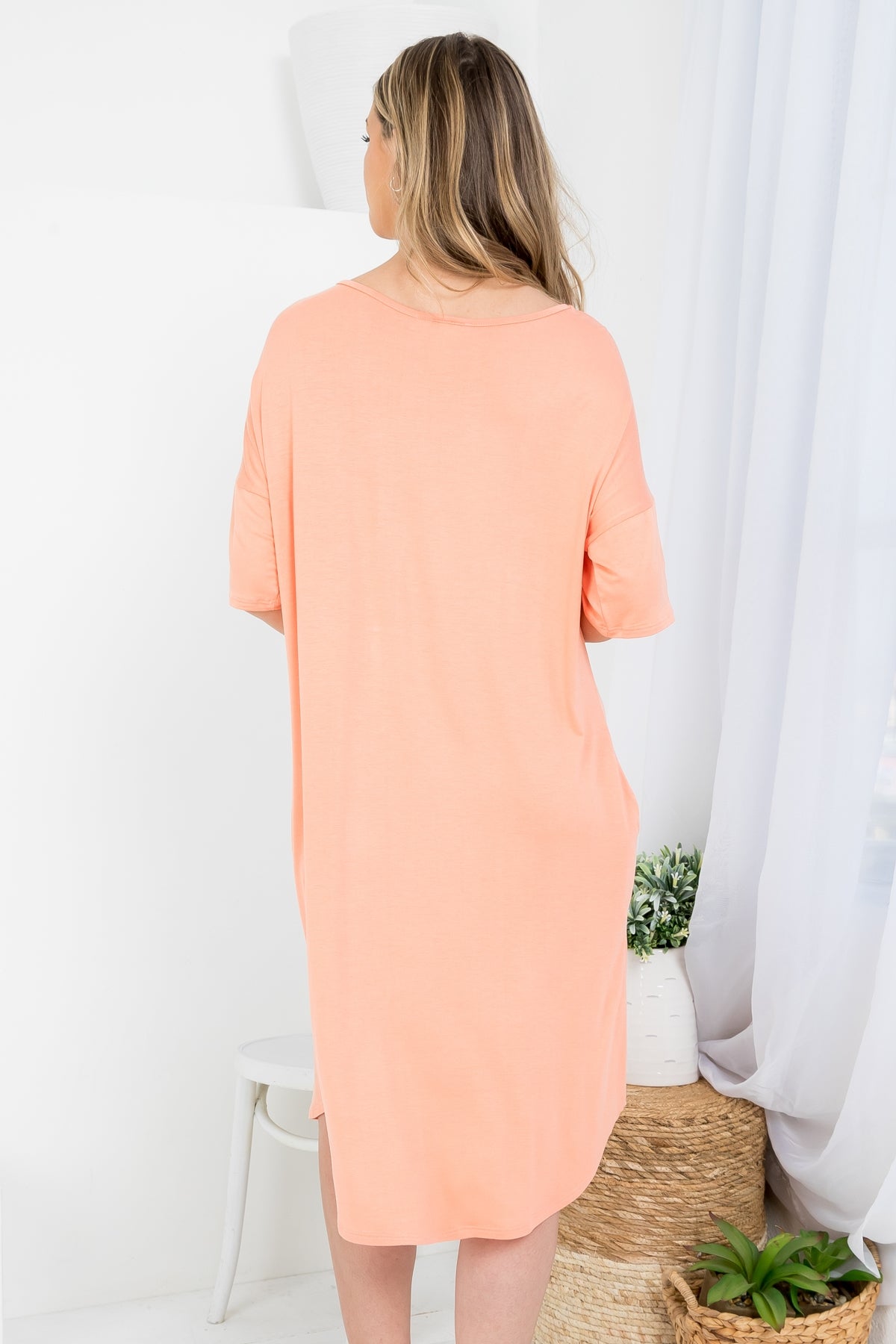 SALMON SCOOPED NECKLINE WITH SIDE POCKET SHIRT DRESS 2-2-2