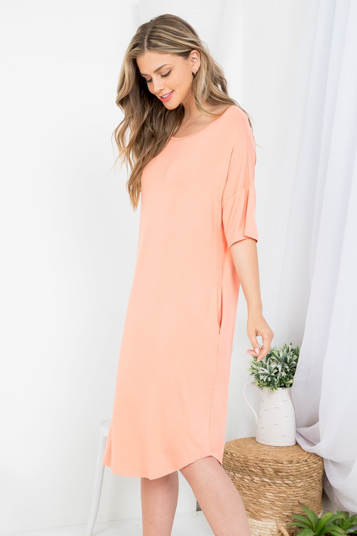 SALMON SCOOPED NECKLINE WITH SIDE POCKET SHIRT DRESS 2-2-2