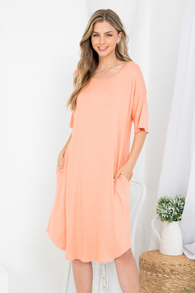 SALMON SCOOPED NECKLINE WITH SIDE POCKET SHIRT DRESS 2-2-2