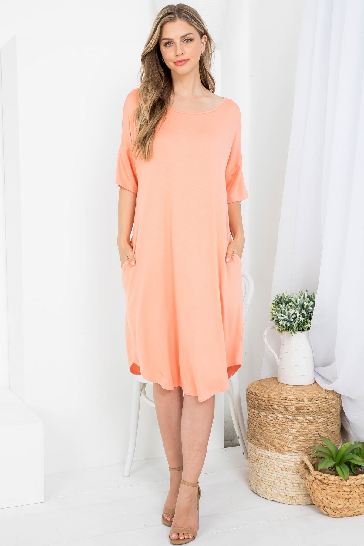 SALMON SCOOPED NECKLINE WITH SIDE POCKET SHIRT DRESS 2-2-2