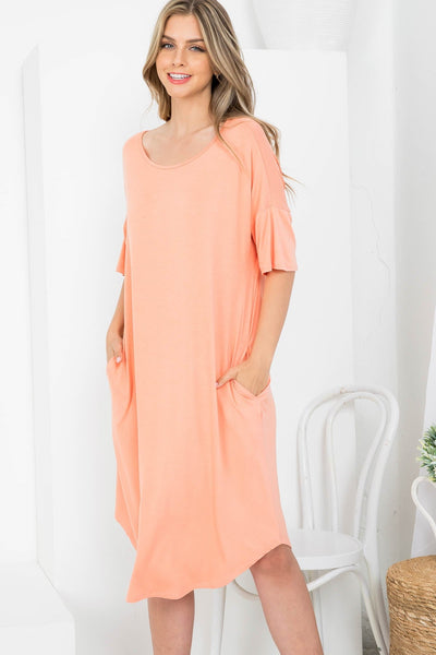 SALMON SCOOPED NECKLINE WITH SIDE POCKET SHIRT DRESS 2-2-2