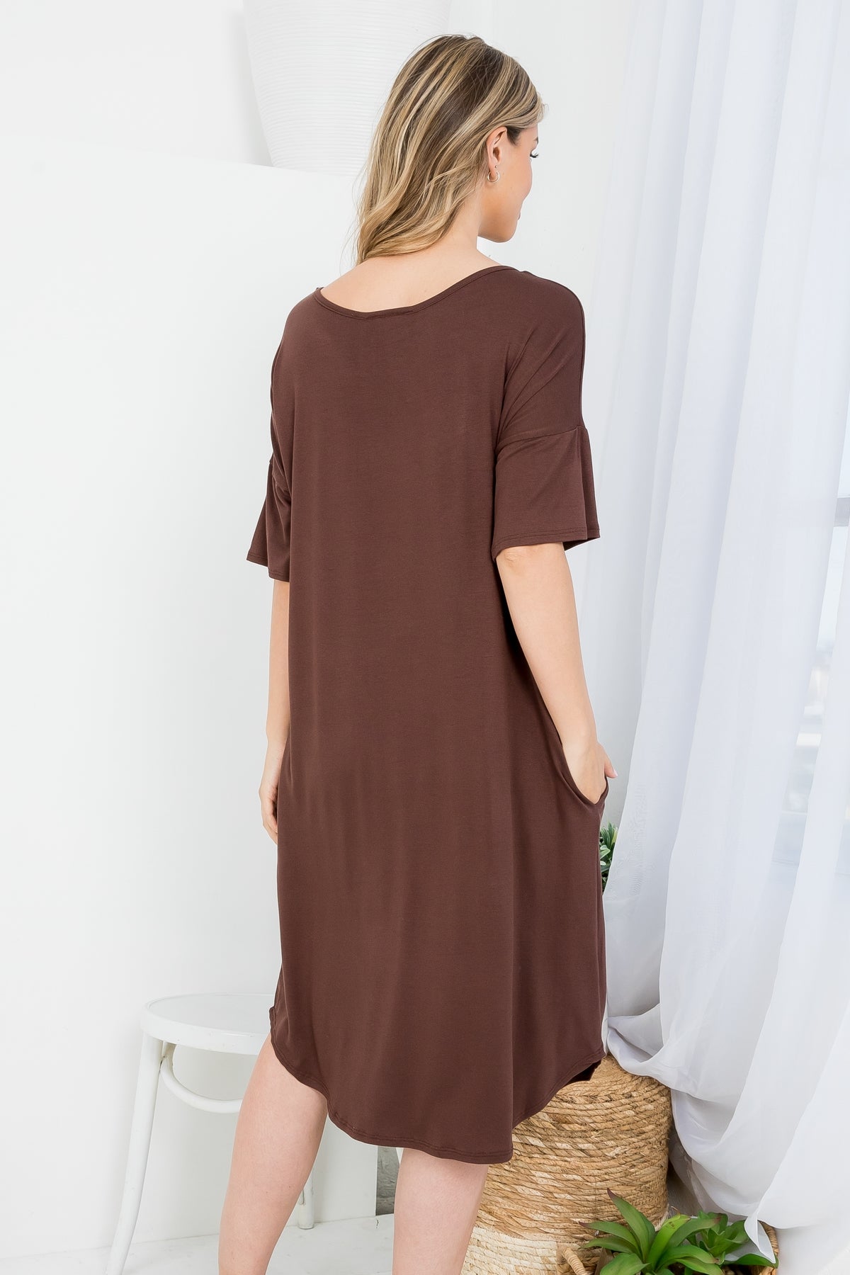 BROWN SCOOPED NECKLINE WITH SIDE POCKET SHIRT DRESS 2-2-2