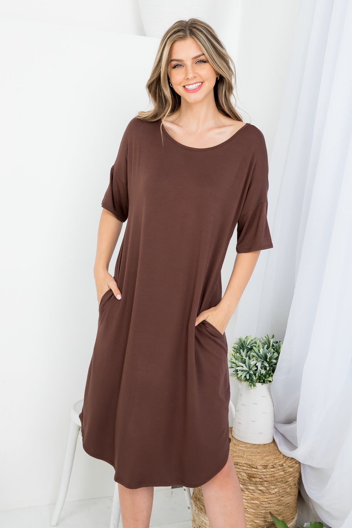 BROWN SCOOPED NECKLINE WITH SIDE POCKET SHIRT DRESS 2-2-2