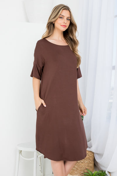 BROWN SCOOPED NECKLINE WITH SIDE POCKET SHIRT DRESS 2-2-2