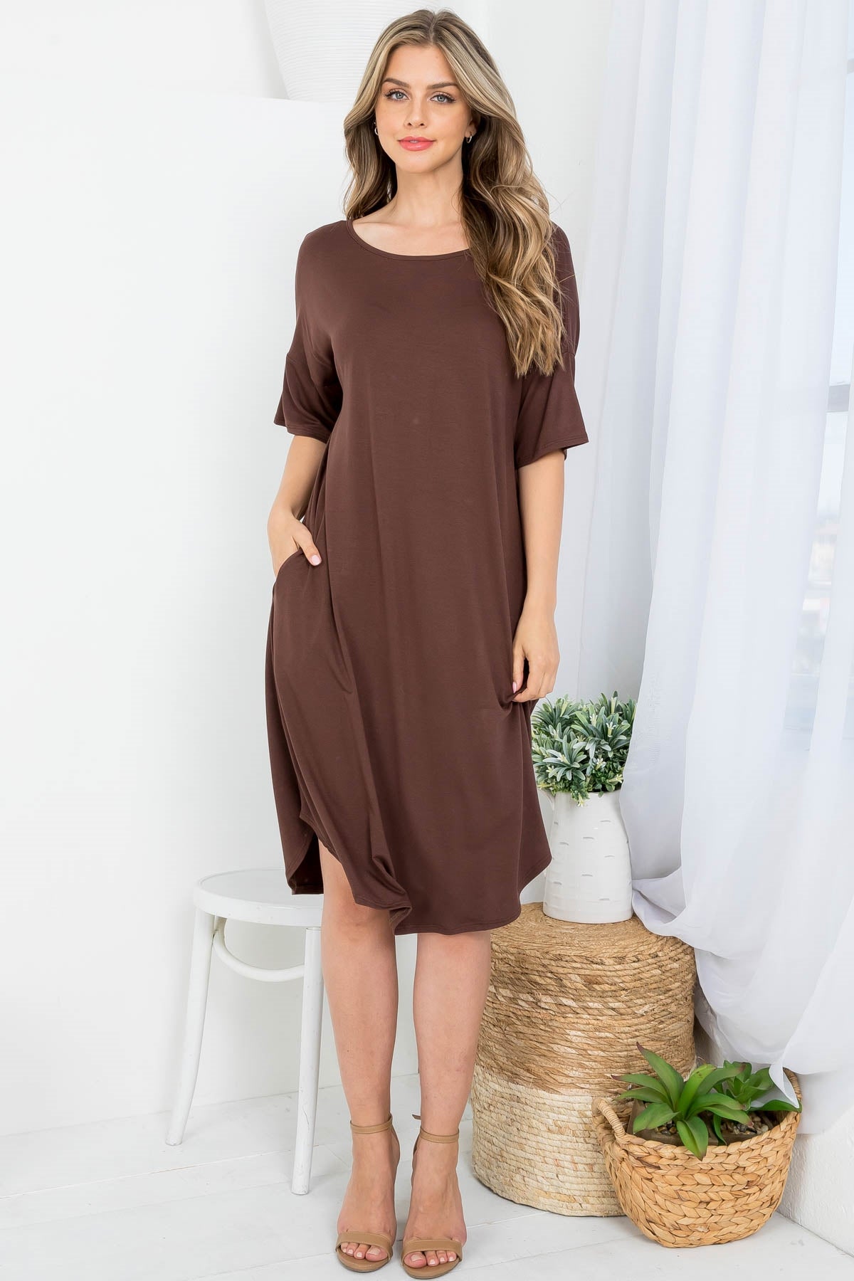 BROWN SCOOPED NECKLINE WITH SIDE POCKET SHIRT DRESS 2-2-2