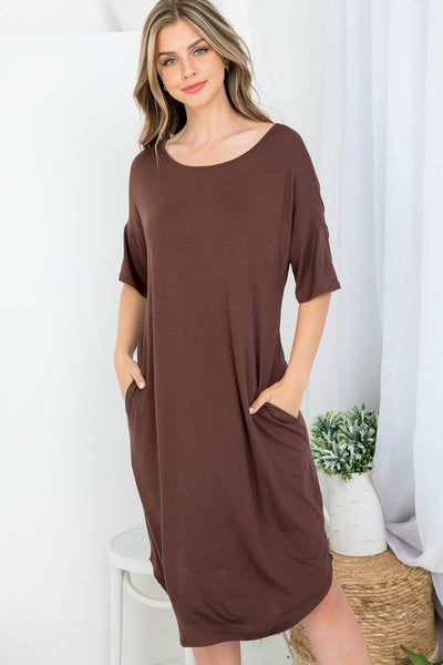 BROWN SCOOPED NECKLINE WITH SIDE POCKET SHIRT DRESS 2-2-2