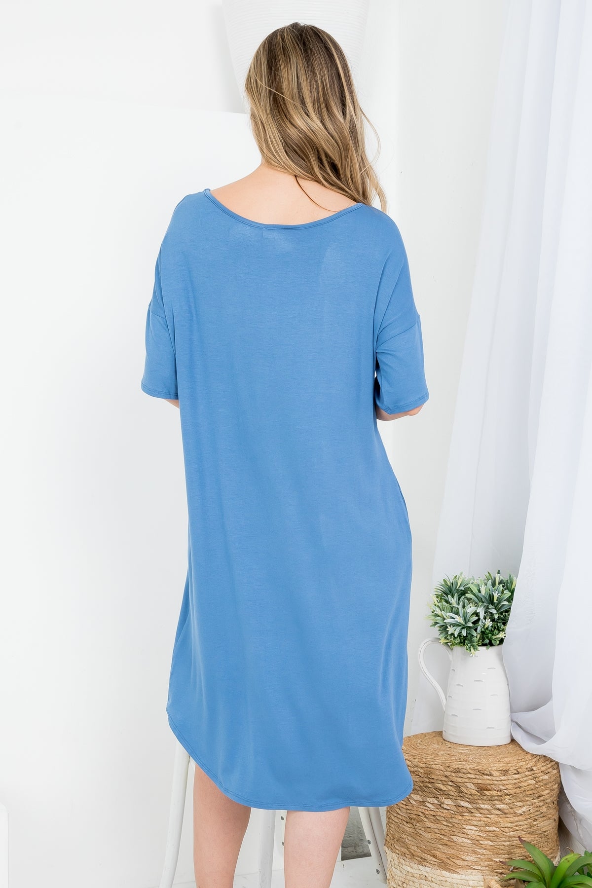 BLUE SCOOPED NECKLINE WITH SIDE POCKET SHIRT DRESS 2-2-2