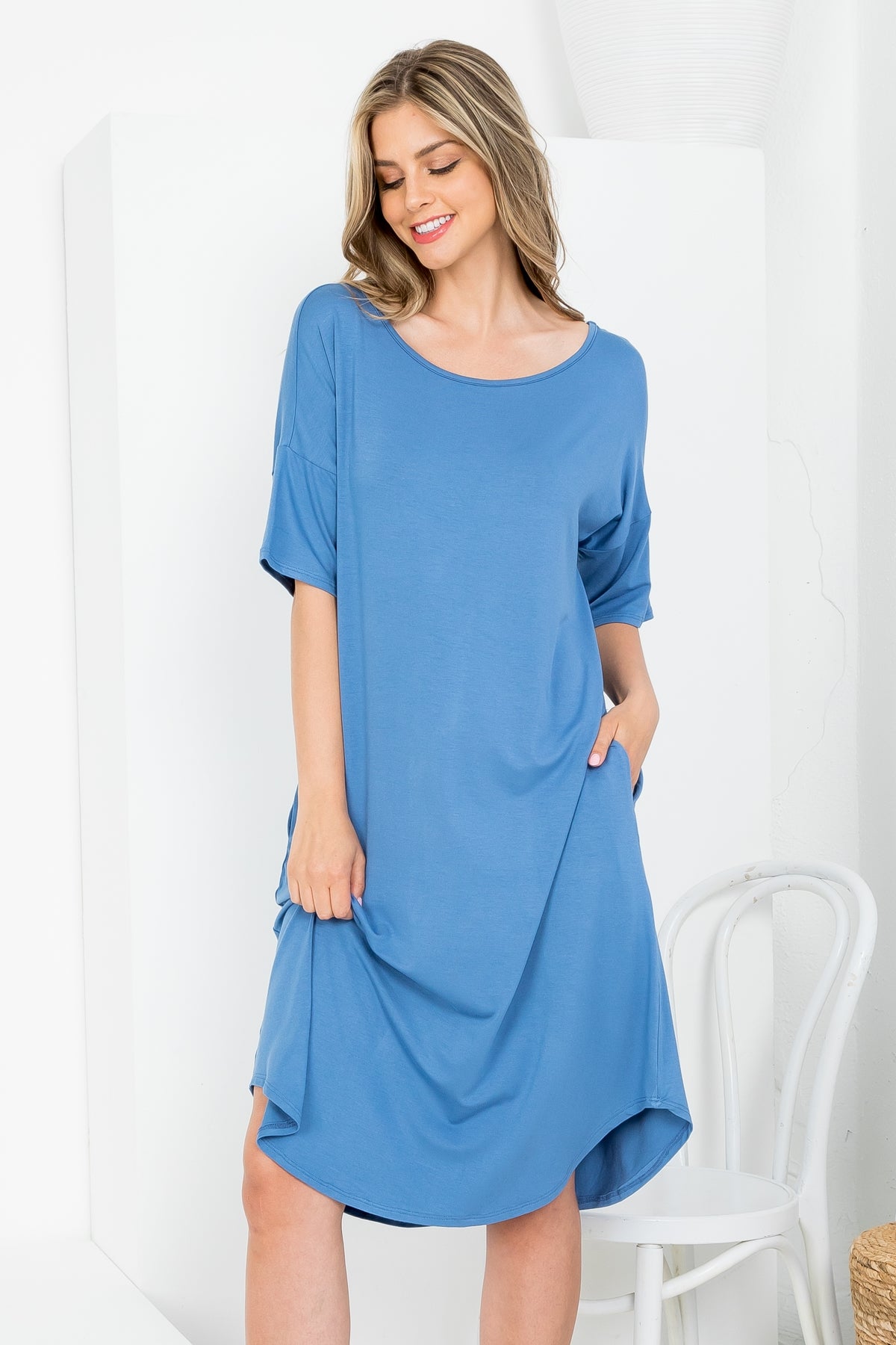 BLUE SCOOPED NECKLINE WITH SIDE POCKET SHIRT DRESS 2-2-2