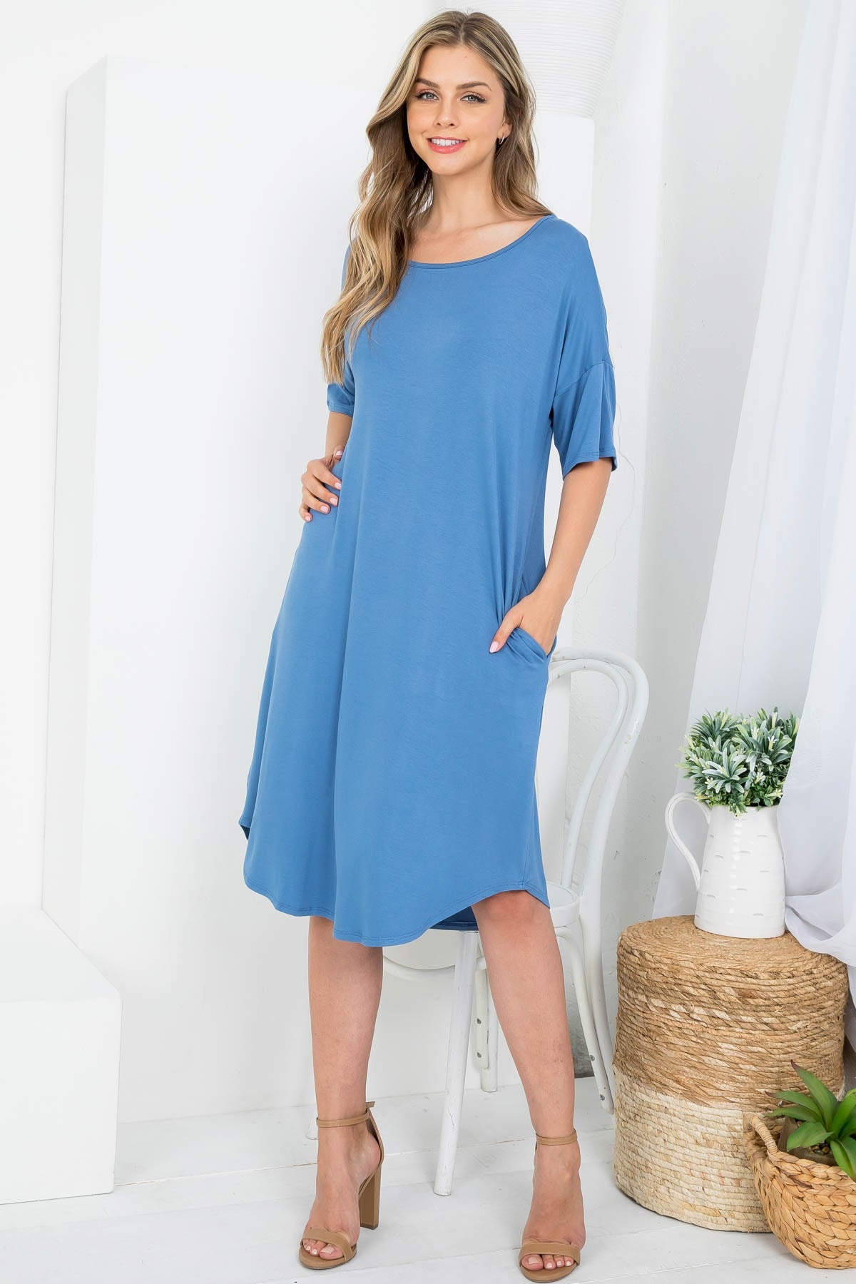 BLUE SCOOPED NECKLINE WITH SIDE POCKET SHIRT DRESS 2-2-2