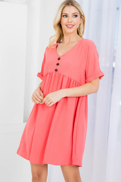 CORAL V-NECKLINE WITH BUTTON FOLDED SHORT SLEEVE RUFFLE DRESS