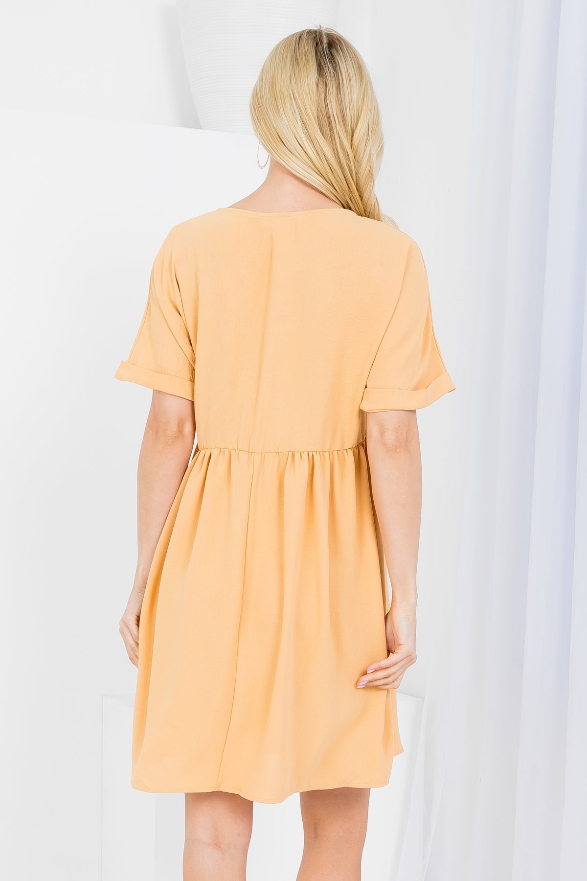 MELON V-NECKLINE WITH BUTTON FOLDED SHORT SLEEVE RUFFLE DRESS 2-2-2