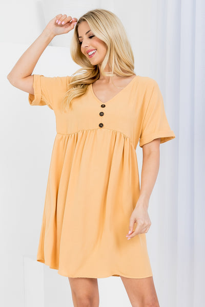 MELON V-NECKLINE WITH BUTTON FOLDED SHORT SLEEVE RUFFLE DRESS 2-2-2