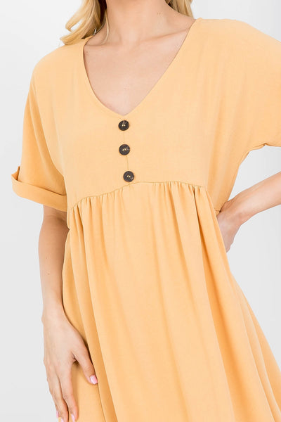 MELON V-NECKLINE WITH BUTTON FOLDED SHORT SLEEVE RUFFLE DRESS 2-2-2