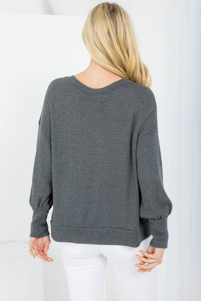 CHARCOAL DEEP V-NECKLINE CUFFED SLEEVES & HEM KNITTED TOP