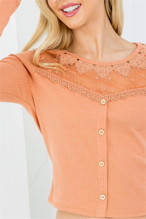 T4255-PEACH ROUND NECKLINE WITH LACE DETAIL BUTTON DOWN FRONT RIBBED TOP- 2-2-2