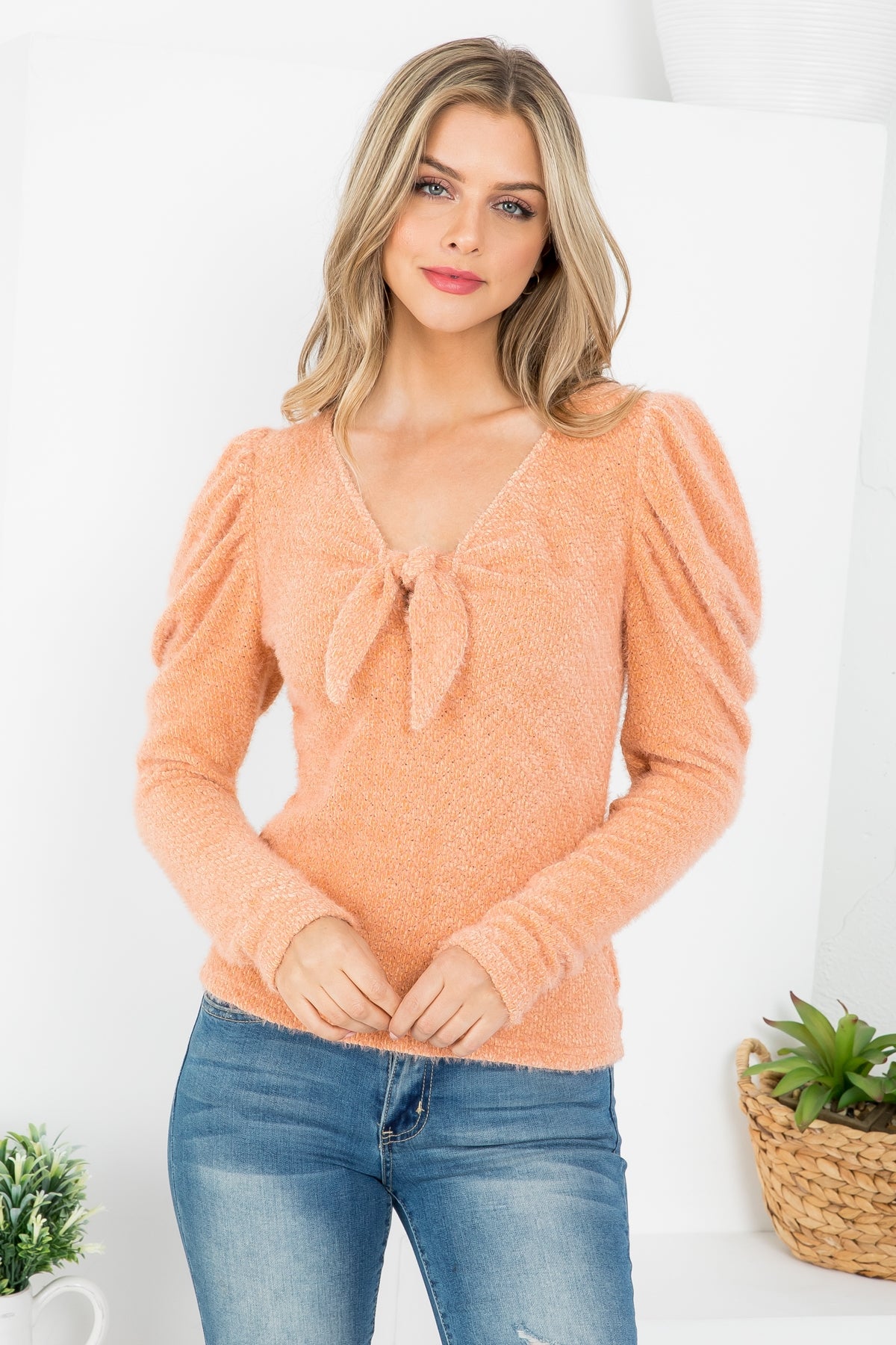 APRICOT FRONT BOW-TIE V-NECKLINE PUFFY SHOULDER SLEEVE TOP 3-2-1 (NOW $2.50 ONLY!)