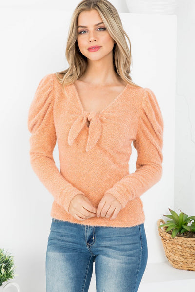 APRICOT FRONT BOW-TIE V-NECKLINE PUFFY SHOULDER SLEEVE TOP 3-2-1 (NOW $2.50 ONLY!)