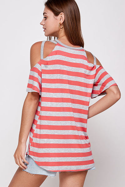 CORAL STRIPES COLD SHOULDER ROUND NECKLINE RUFFLE SLEEVE PLUS SIZE TOP 2-2-2 (NOW $4.25 ONLY!)