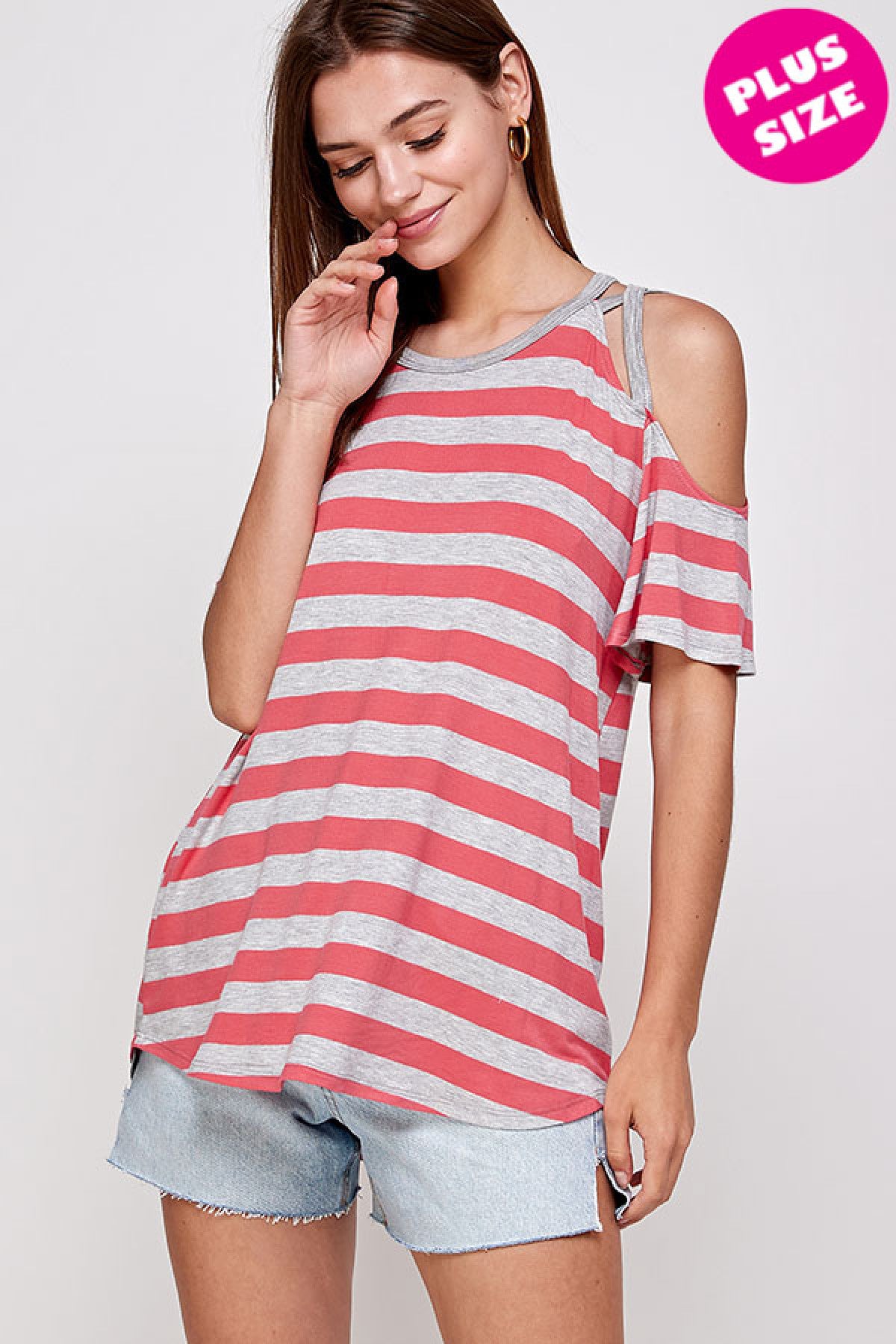 CORAL STRIPES COLD SHOULDER ROUND NECKLINE RUFFLE SLEEVE PLUS SIZE TOP 2-2-2 (NOW $4.25 ONLY!)