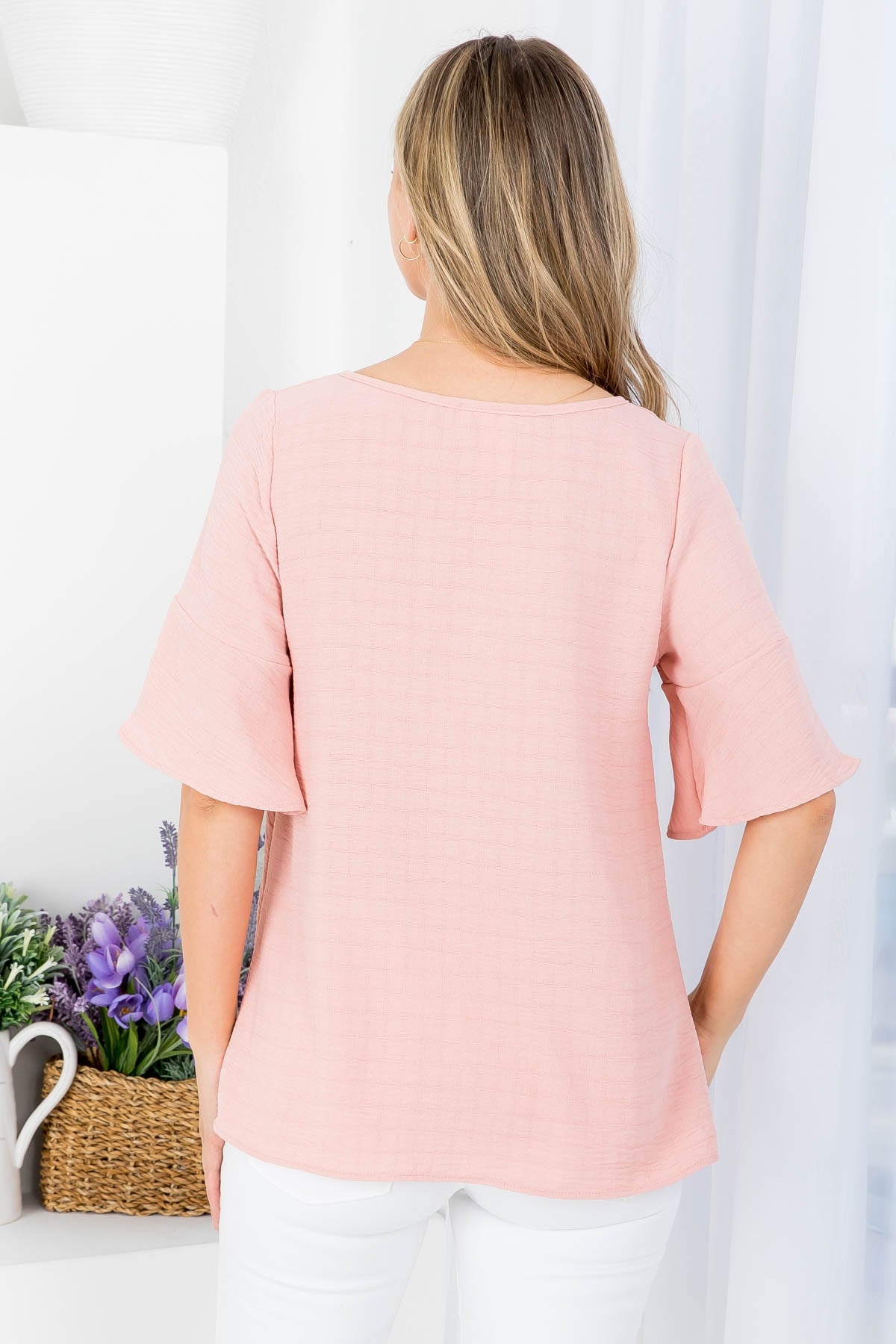 MAUVE ROUND NECKLINE WITH FRONT TIE BELL SHORT SLEEVE TOP