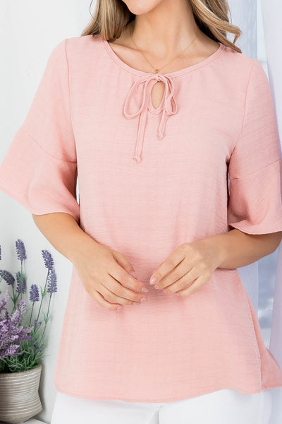 MAUVE ROUND NECKLINE WITH FRONT TIE BELL SHORT SLEEVE TOP