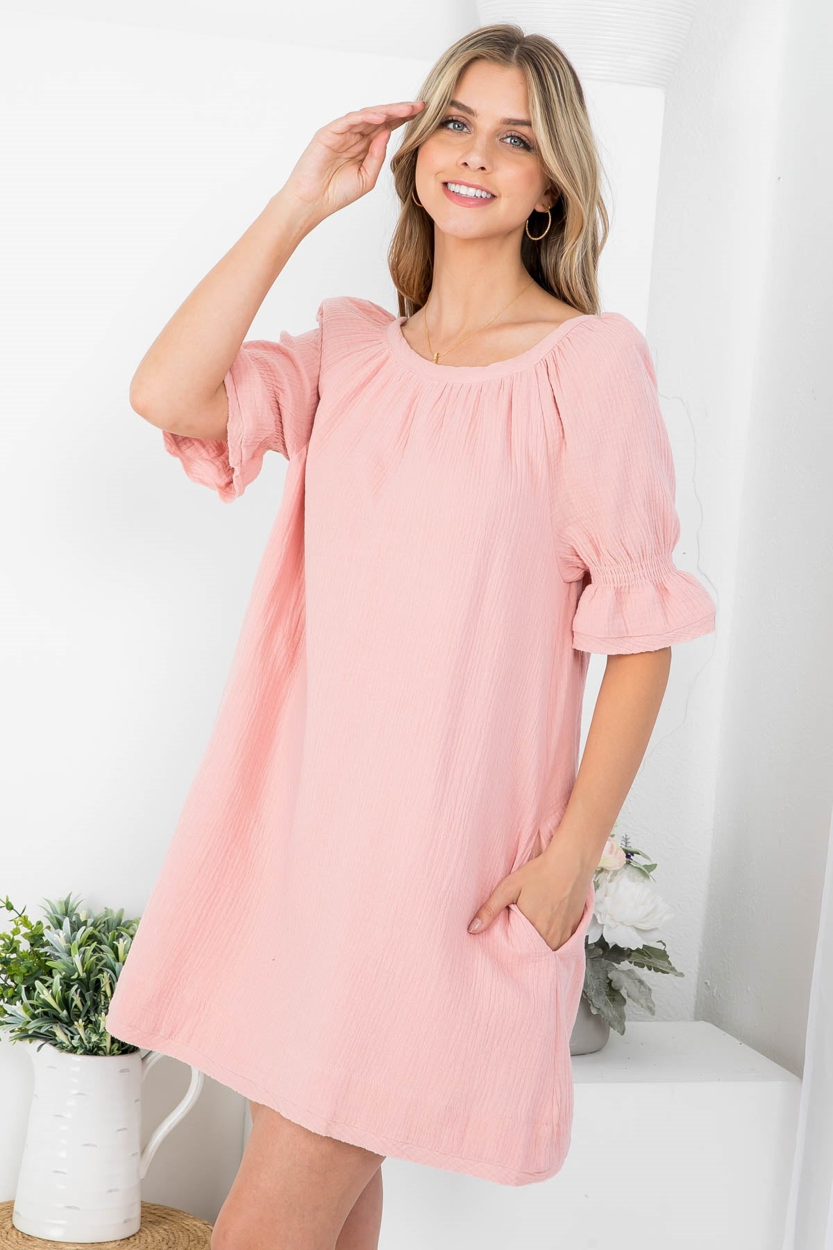 BLUSH SCOOPED NECKLINE WITH SIDE POCKET BACK BOW-TIE DRESS