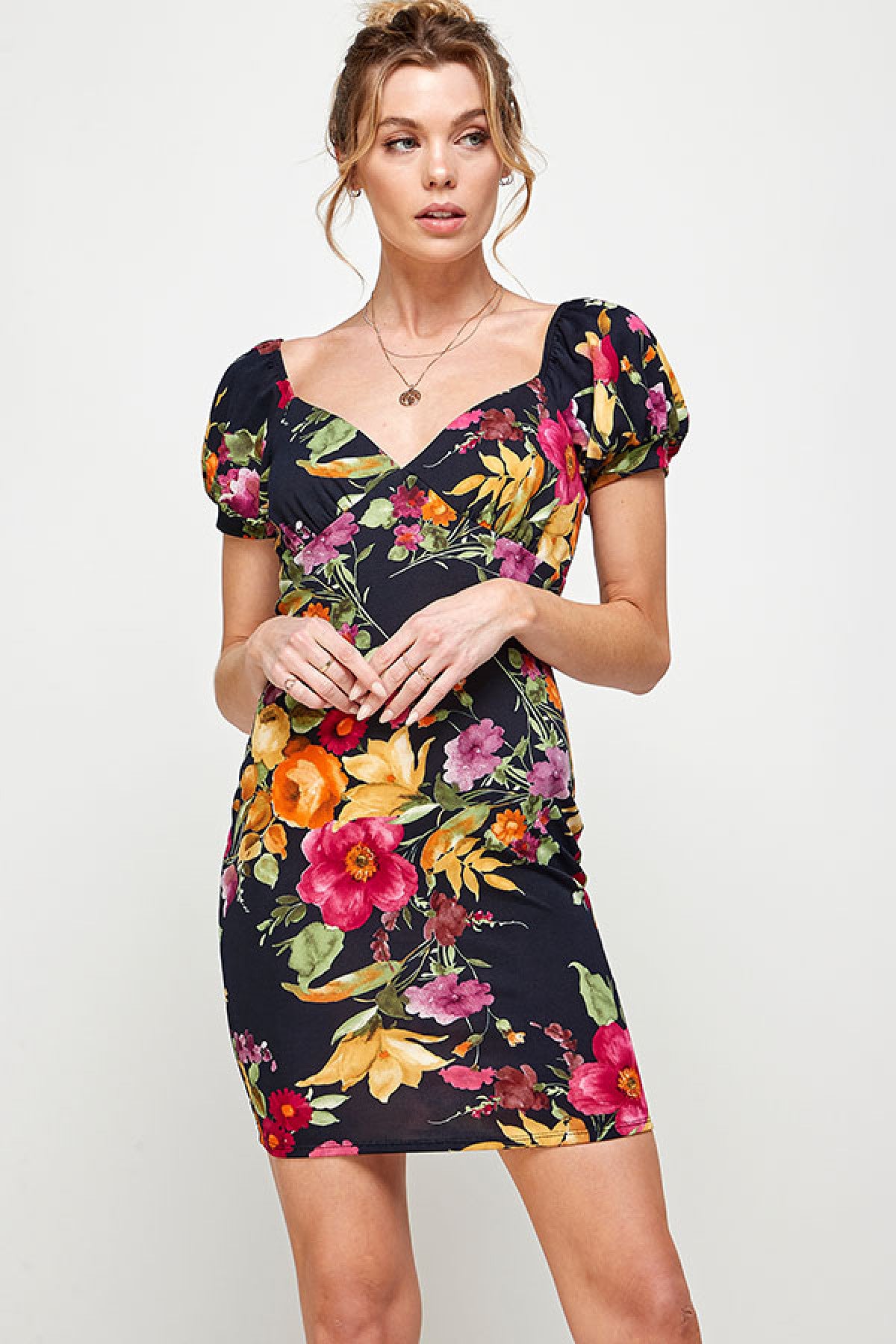 BLACK FLORAL PRINT SQUARE NECKLINE CUFFED PUFFED SLEEVES DRESS (NOW $9.75 ONLY!)