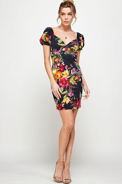 BLACK FLORAL PRINT SQUARE NECKLINE CUFFED PUFFED SLEEVES DRESS (NOW $9.75 ONLY!)