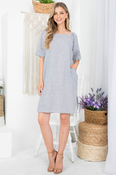 GRAY IVORY PIN STRIPE TWISTED BACK SIDE SLITTED WOVEN DRESS