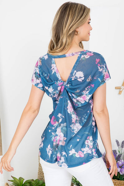 BLUE FLORAL PRINT TWISTED BACK DETAIL THERMAL TOP