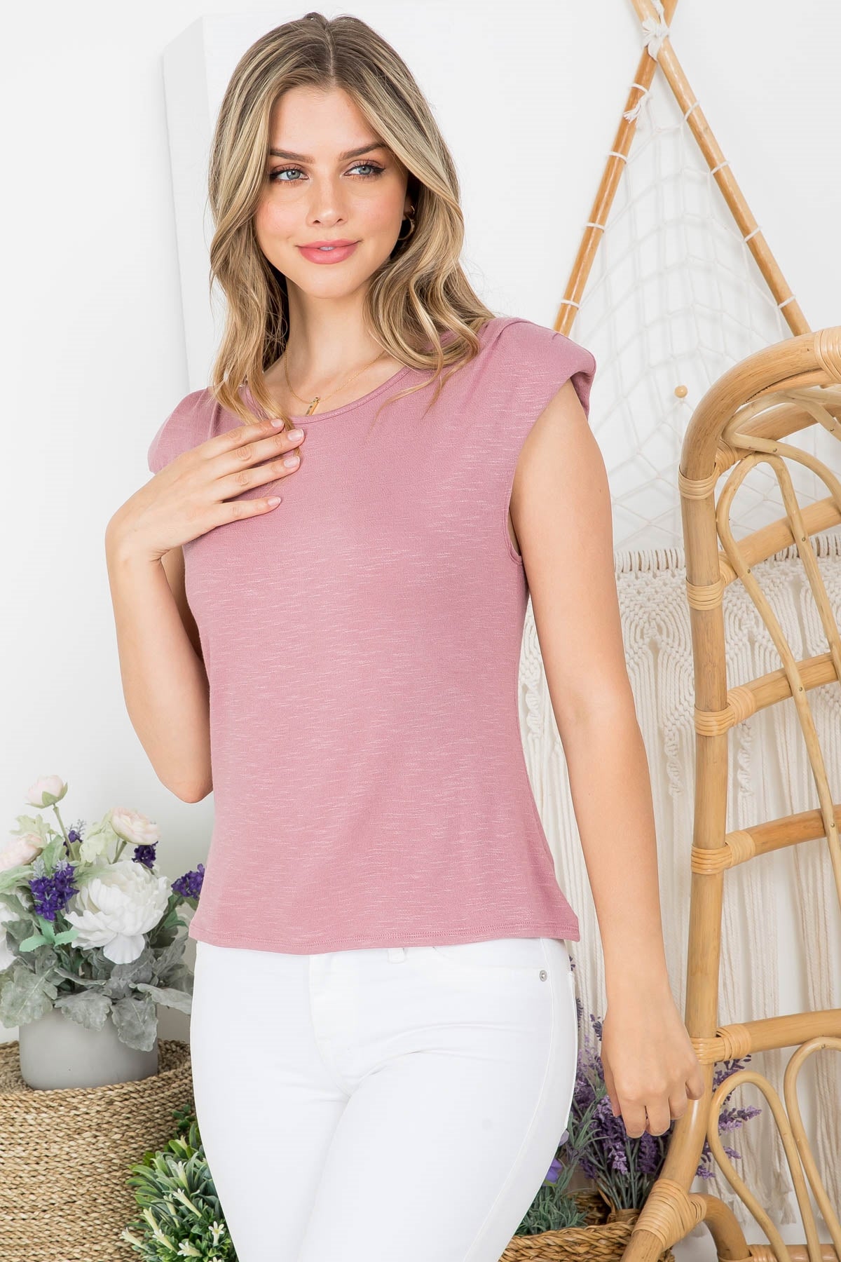 MAUVE ROUND NECKLINE PADDED SHOULDER TOP