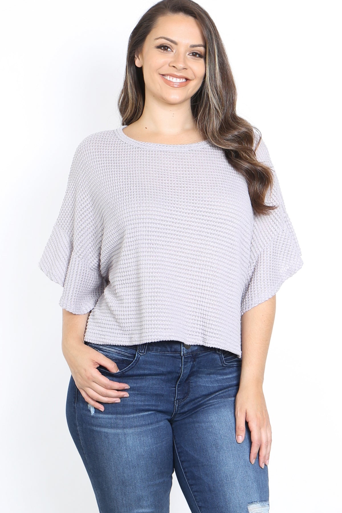 DUSTY LAVENDER BOAT NECKLINE RUFFLE SLEEVE WAFFLE FABRIC KNITTED BATWING PLUS SIZE TOP