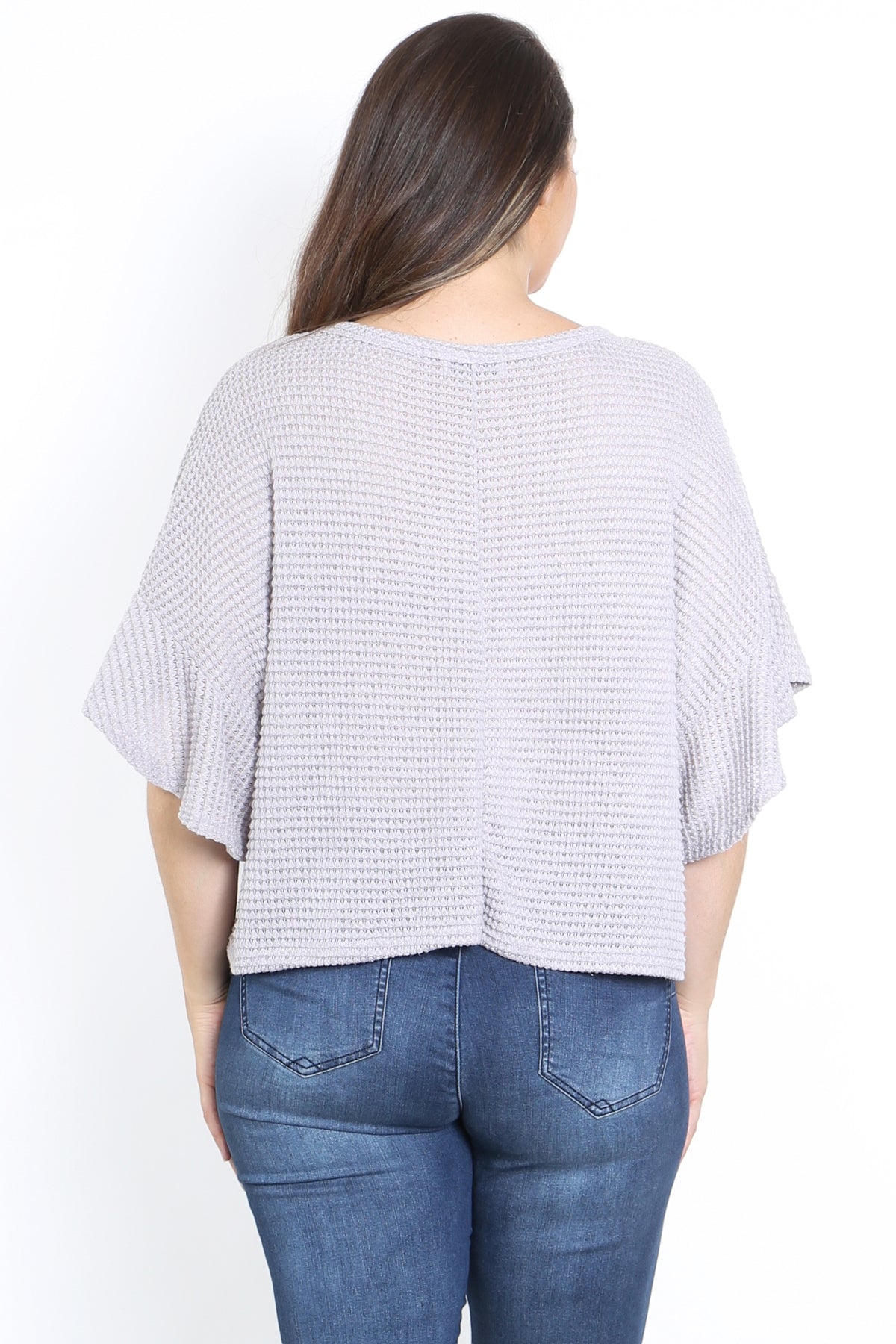 DUSTY LAVENDER BOAT NECKLINE RUFFLE SLEEVE WAFFLE FABRIC KNITTED BATWING PLUS SIZE TOP