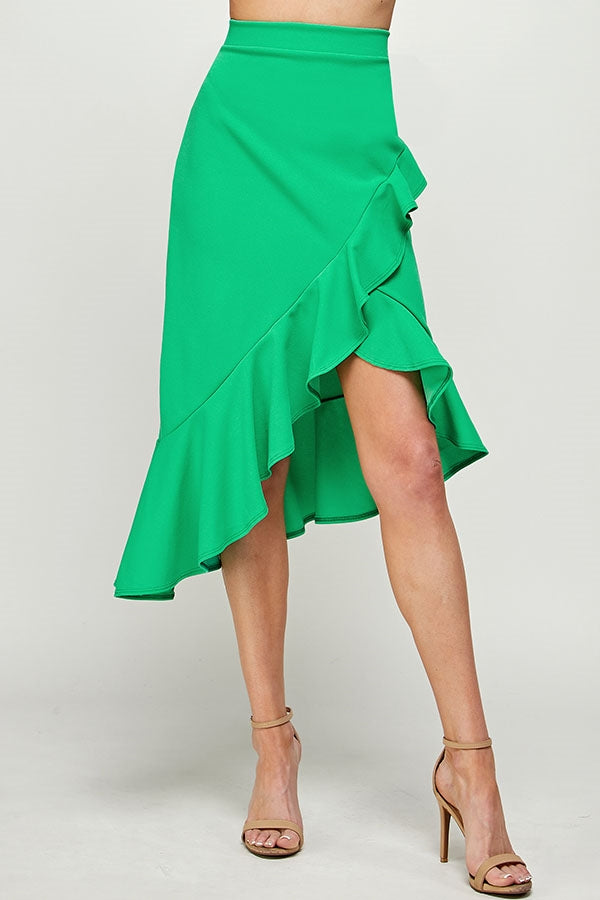 GREEN RUFFLE SURPLICE MIDI PLUS SIZE SKIRT