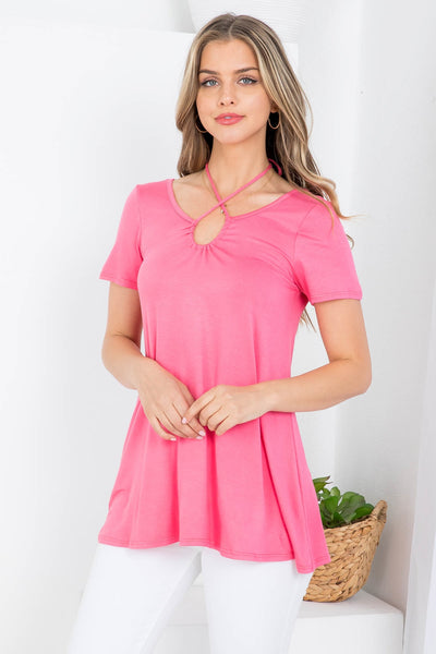 CORAL SPAGHETTI STRAP BACK NECKTIE SHORT SLEEVE BLOUSE TOP