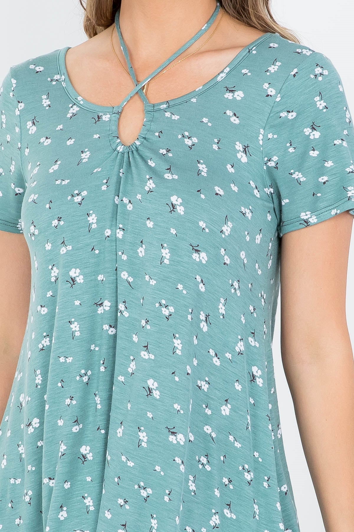 MINT FLORAL PRINT SPAGHETTI STRAP BACK NECKTIE SHORT SLEEVE BLOUSE TOP 2-2-2-2