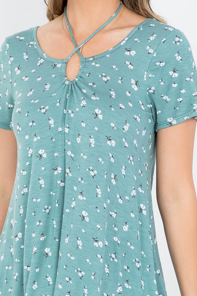 MINT FLORAL PRINT SPAGHETTI STRAP BACK NECKTIE SHORT SLEEVE BLOUSE TOP 2-2-2-2