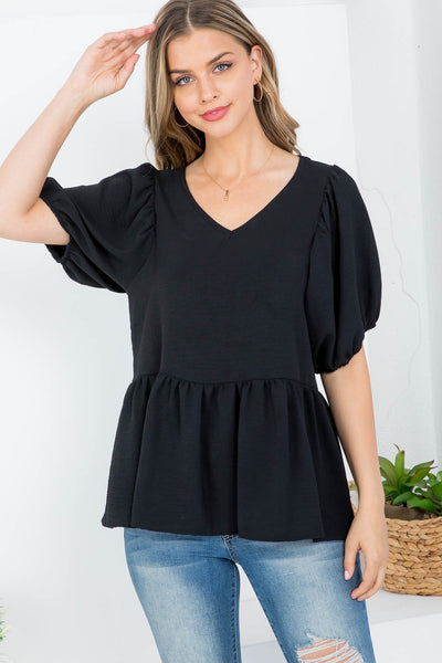 BLACK V-NECKLINE PUFFY SLEEVE RUFFLE TOP