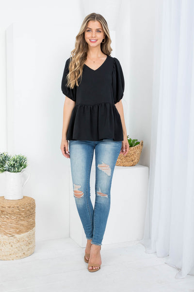 BLACK V-NECKLINE PUFFY SLEEVE RUFFLE TOP