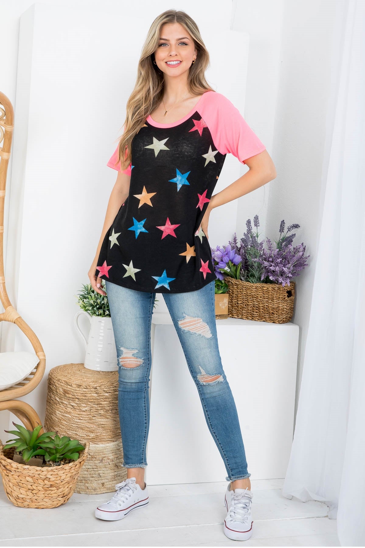 BLACK NEON PINK STAR PRINT SCOOPED NECKLINE TOP 2-2-2-2 (NOW $2.75 ONLY!)