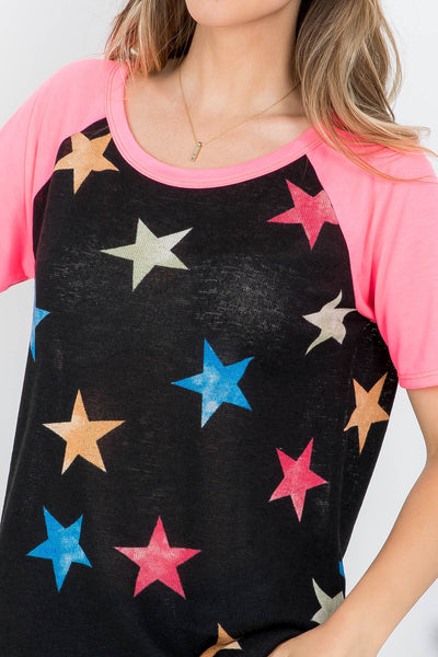 BLACK NEON PINK STAR PRINT SCOOPED NECKLINE TOP 2-2-2-2 (NOW $2.75 ONLY!)