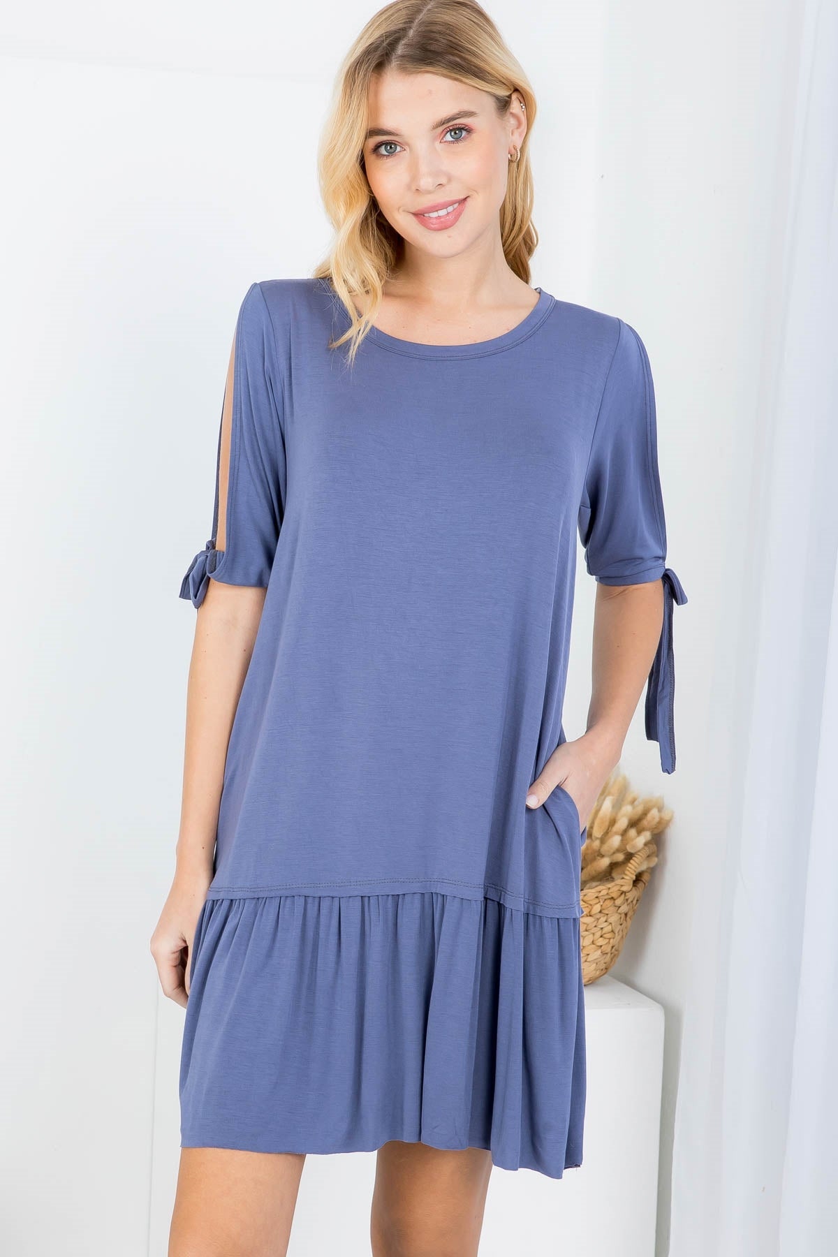 BLUE IRIS ROUND NECKLINE WITH SIDE POCKET COLD SHOULDER WITH TIE SLEEVE RUFFLE DRESS